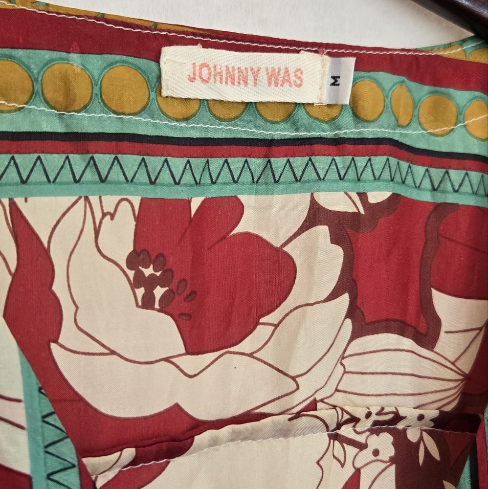 Johnny Was Red Floral Silk Blouse with Cream Print and Green Trim - Picture 3 of 11